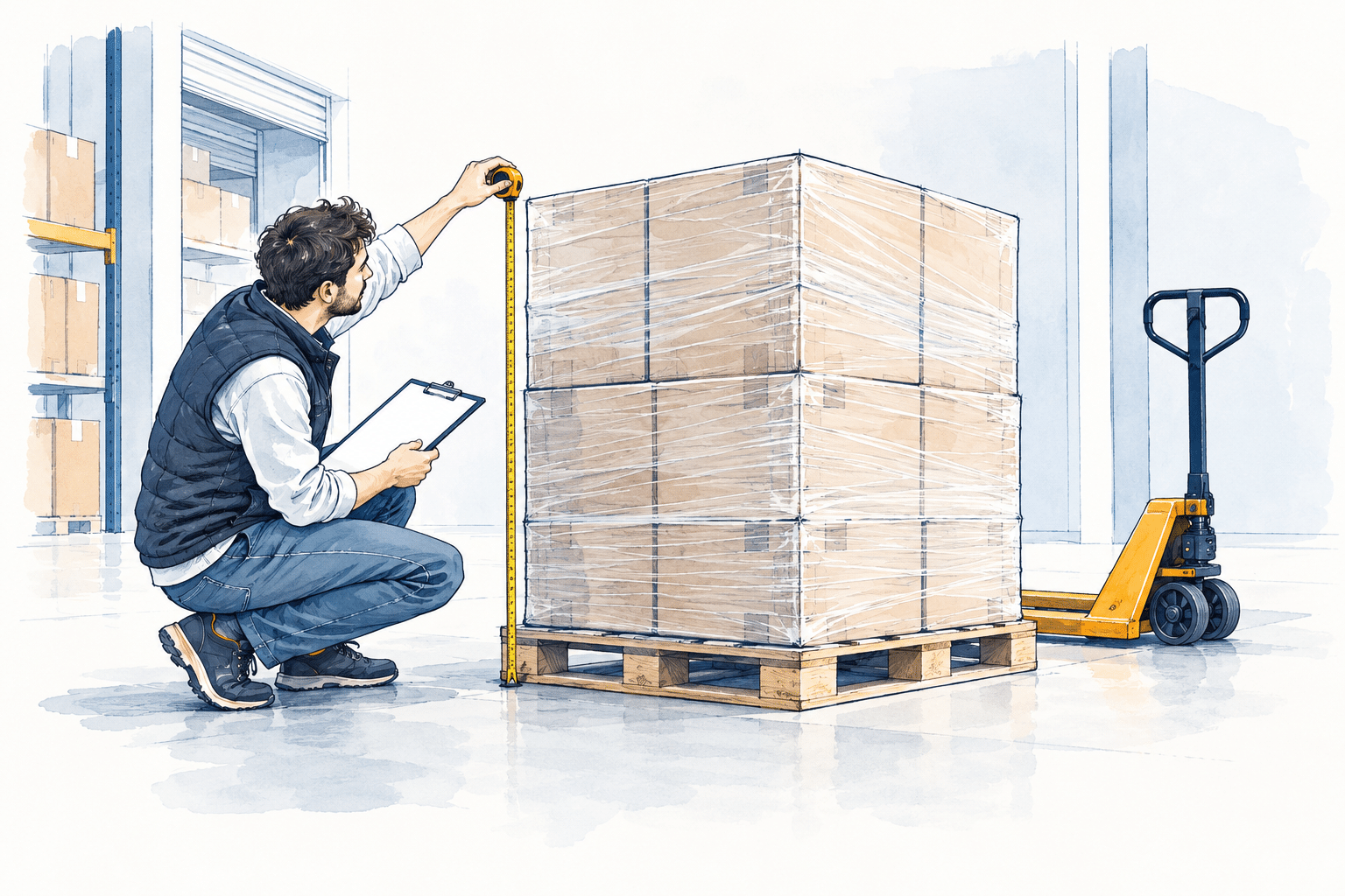 Une personne relève les dimensions d’une palette de cartons emballés.